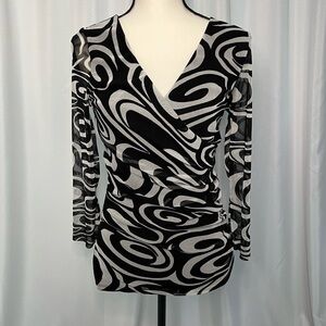 INC Black & Grey Swirl Print Ruched Wrap Top - Medium
